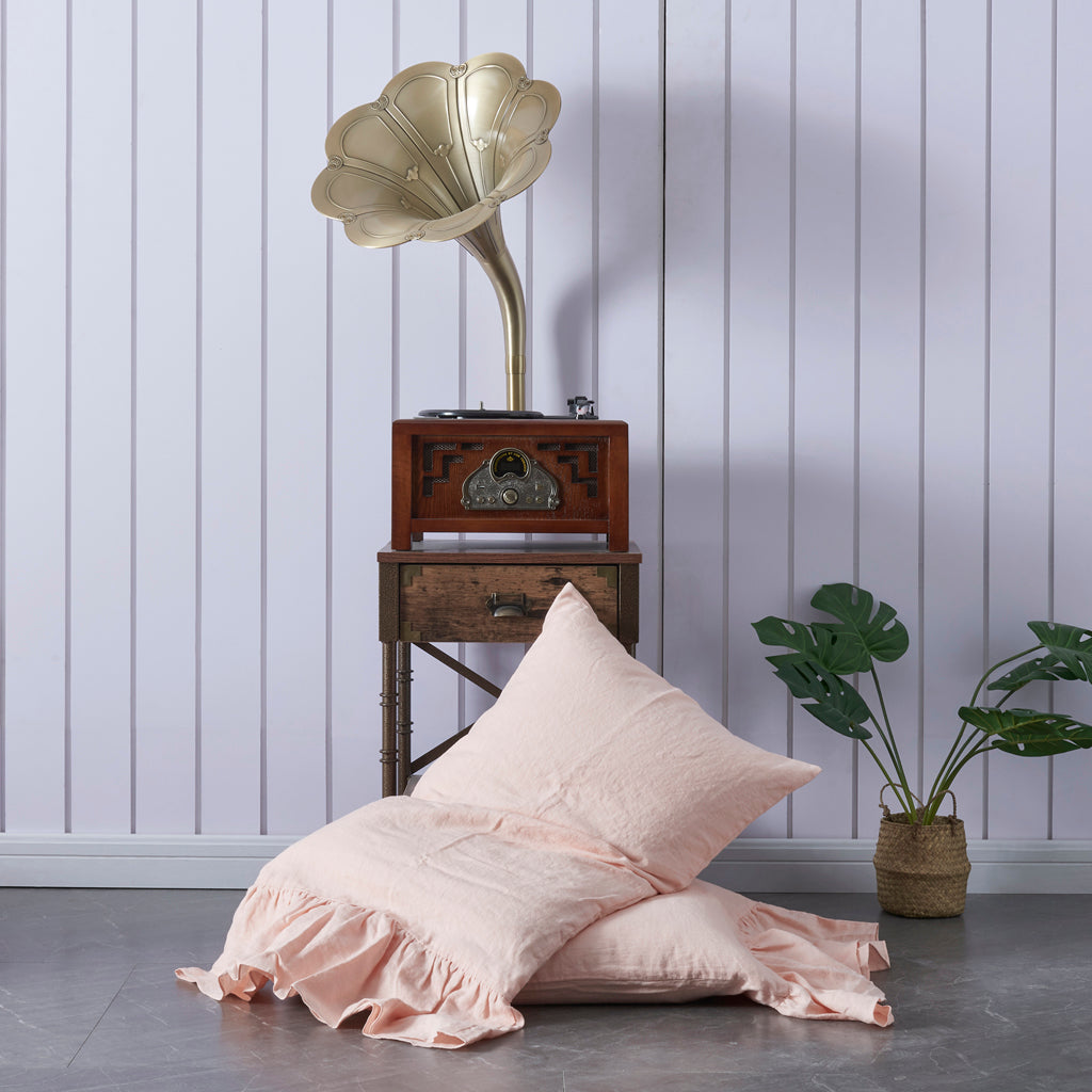 Peach 100% Linen Side Ruffle Pillowcases