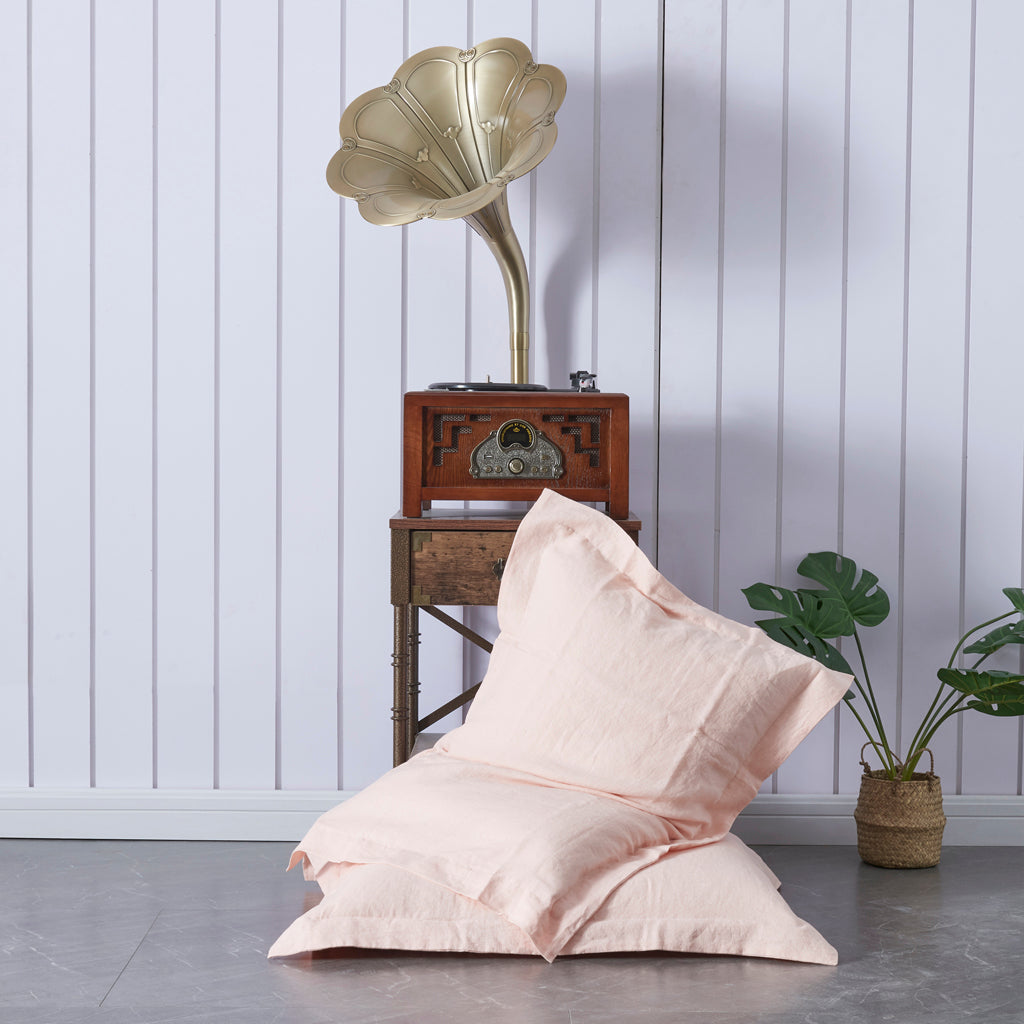 Peach 100% Linen Oxford Hem Pillowcases On Floor - linenforce