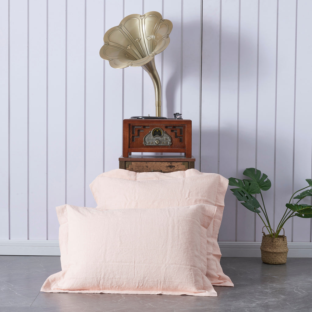 Peach 100% Linen Oxford Hem Pillowcases Two Sizes Together - linenforce