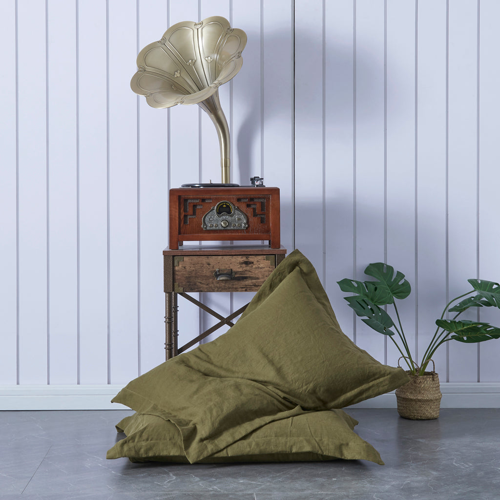 100% Linen Cooling Pillowcases with Oxford Hem in Olive Green