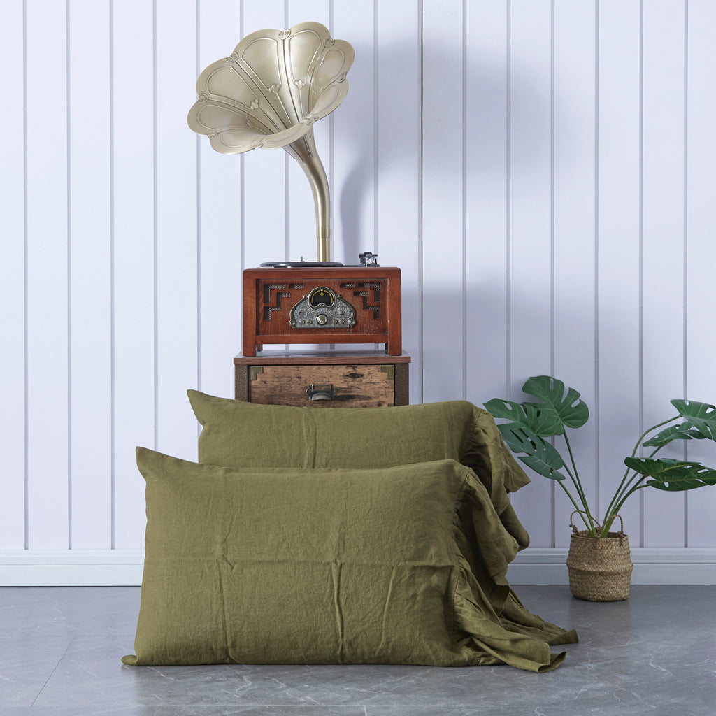 Green Olive 100% Linen Side Ruffle Pillowcases Two Sizes Together - linenforce