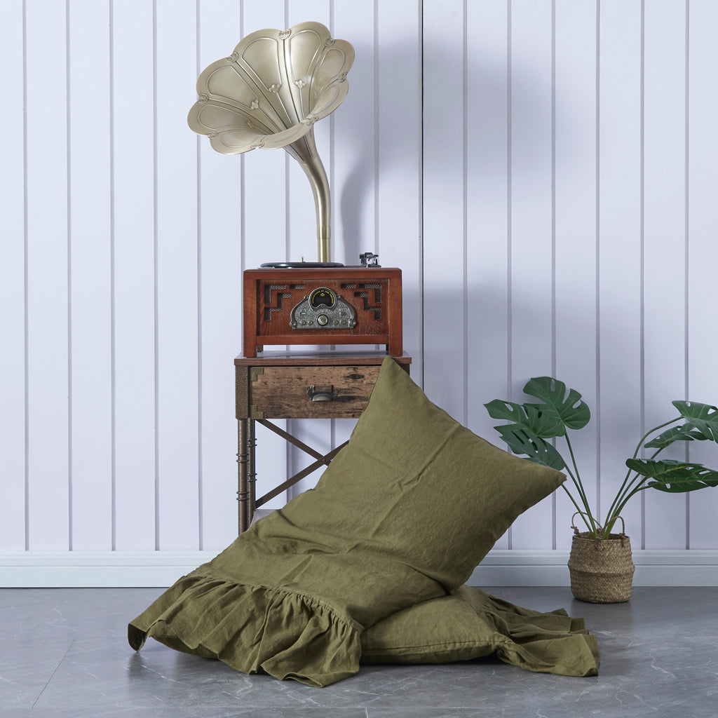 Green Olive 100% Linen Side Ruffle Pillowcases - linenforce
