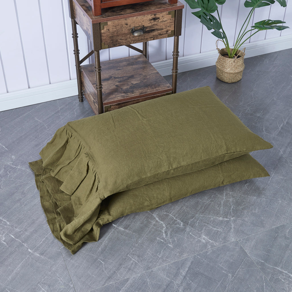 Green Olive 100% Linen Side Ruffle Pillowcases Pile Up - linenforce