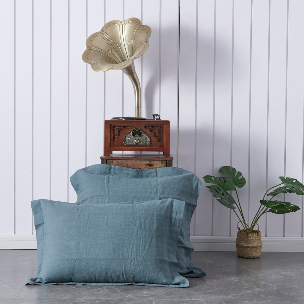 Two Sizes of 100% Linen French Blue Pillowcases with Oxford Hem