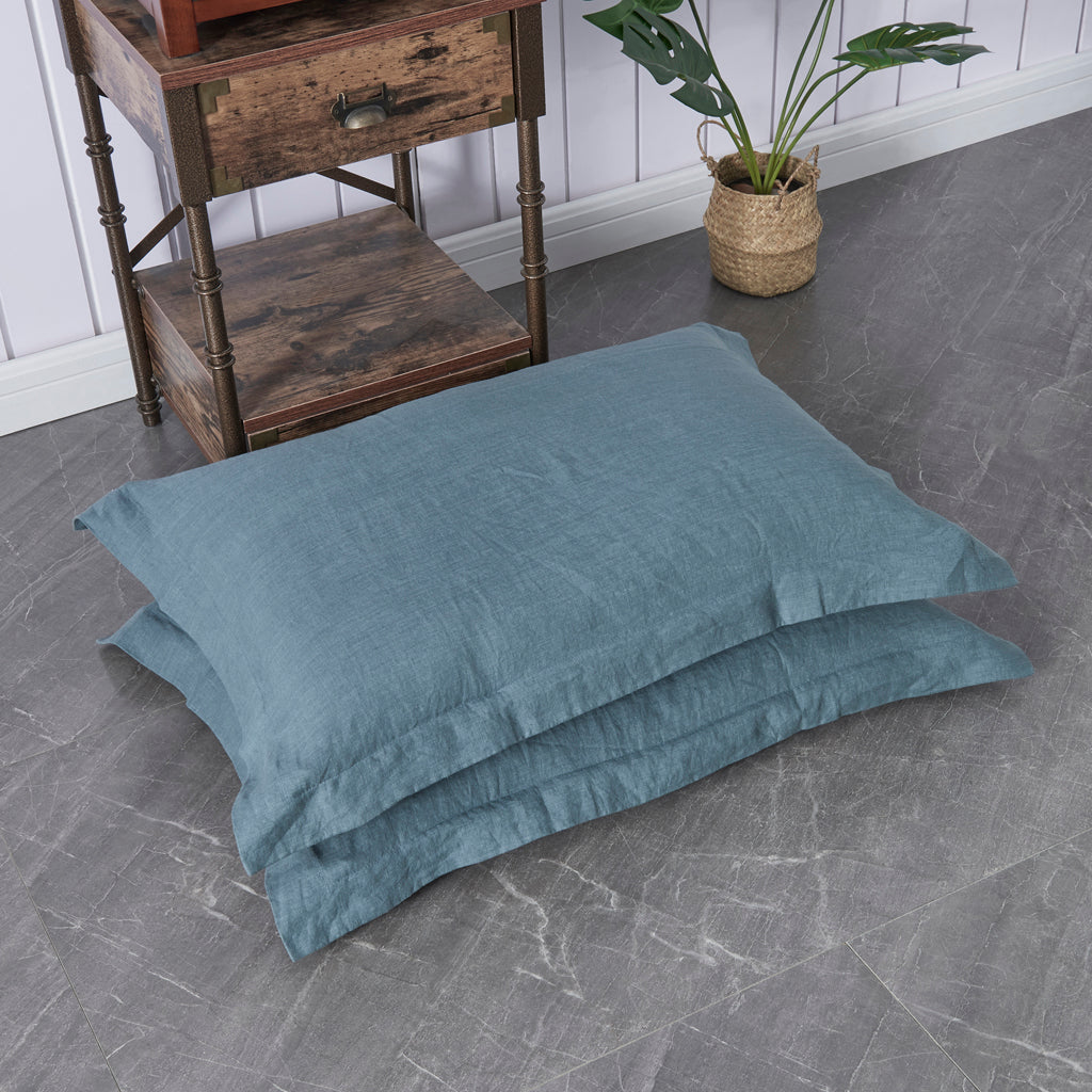 Set of Two 100% Linen Oxford Hem Pillowcases in French Blue