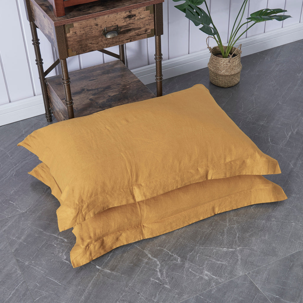 Set of Two 100% Linen Mustard Yellow Pillowcases with Oxford Hem