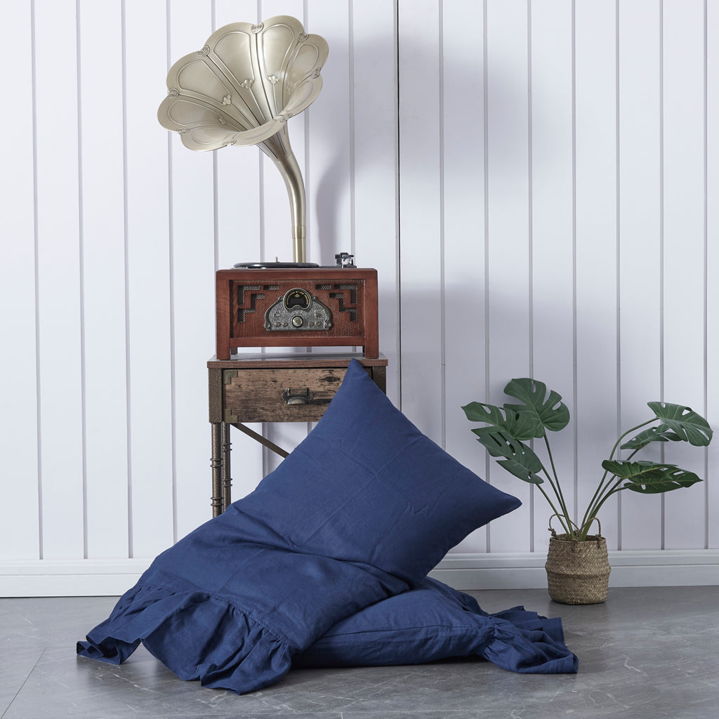 Indigo Blue Linen Side Ruffle Pillowcases