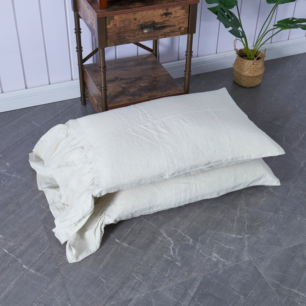 Cool Grey 100% Linen Side Ruffle Pillowcases Pile Up - linenforce