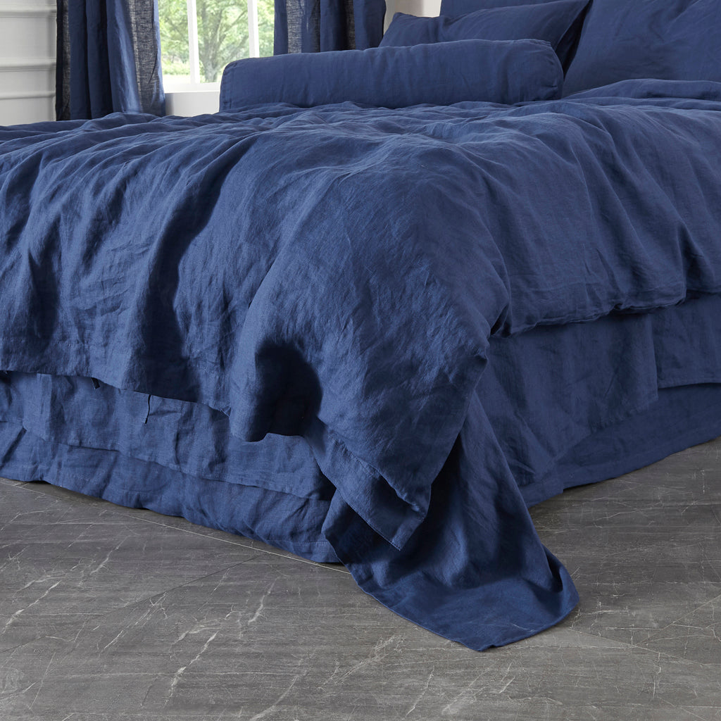 Corner of 100% Linen Indigo Blue Duvet Cover With Ties