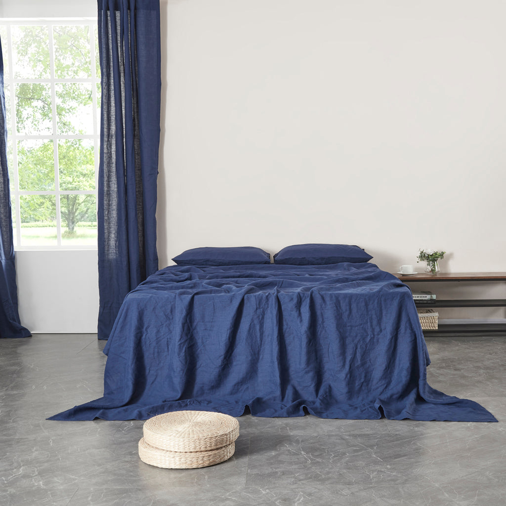 Indigo Blue Linen Flat Sheet with Ruffle Hem