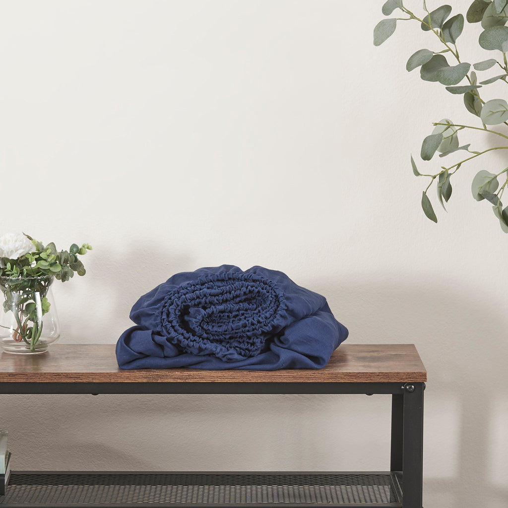 Indigo Blue Linen Fitted Sheet On Bench
