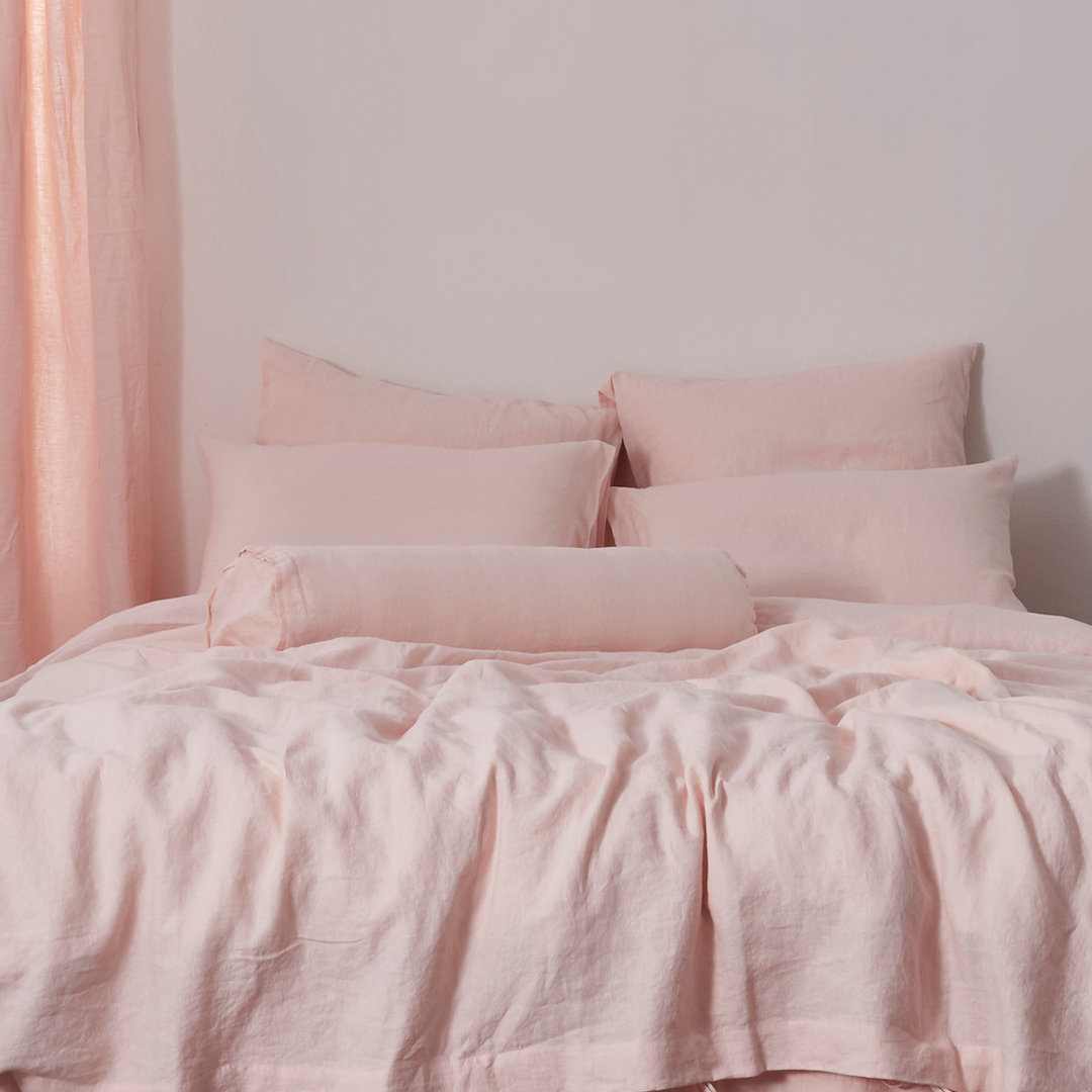 Peach 100% Linen Plain Bolster on Bed - linenforce
