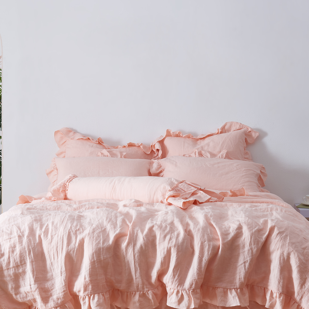 Peach 100% Linen Ruffle Hem Bolster