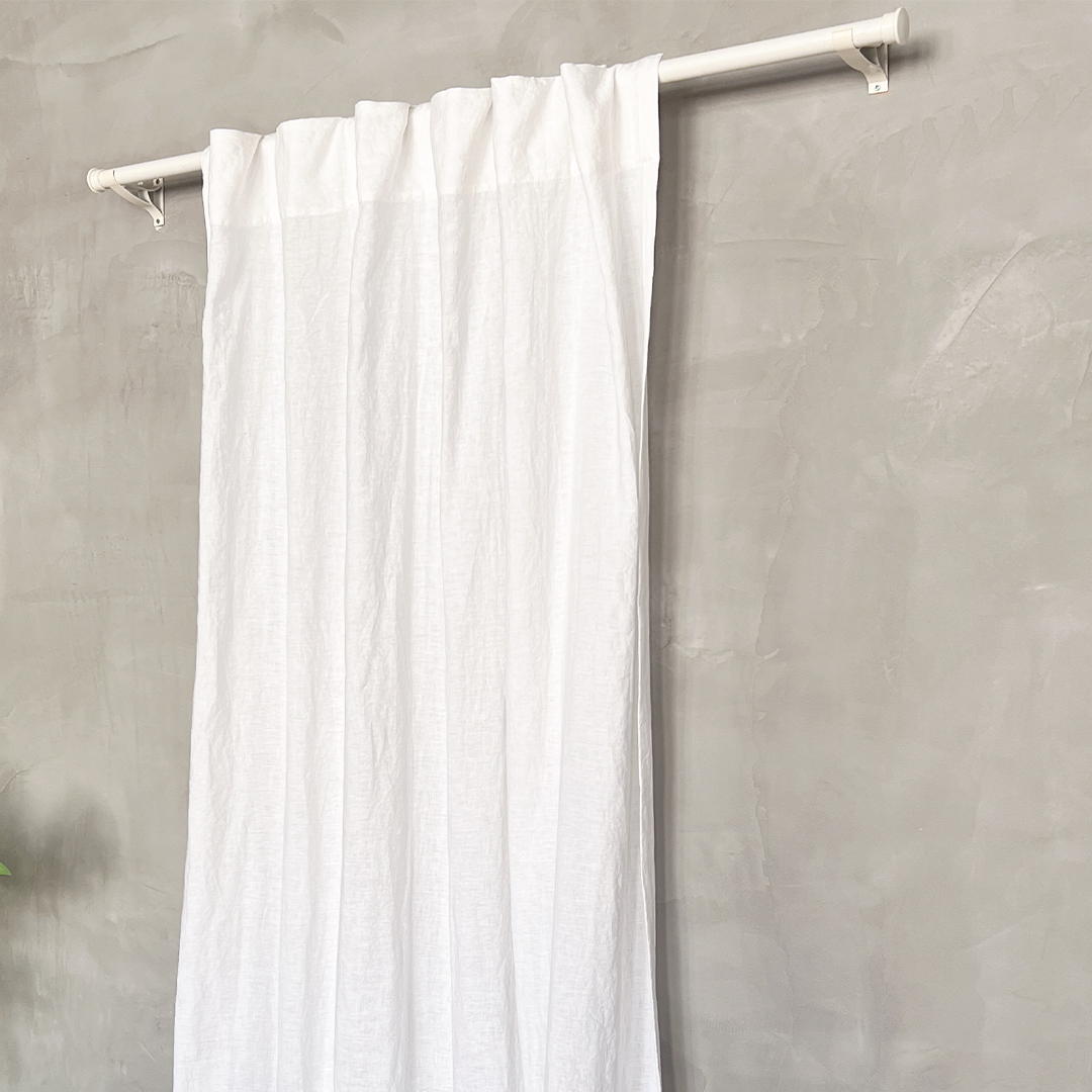 Side View Of Optic White 100% Linen Curtain With Back Tabs - linenforce