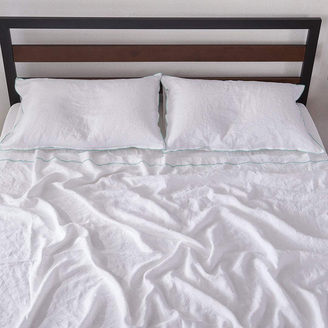 100% Linen Flat Sheet with Embroidered Aqua Edge with Pillow Shams