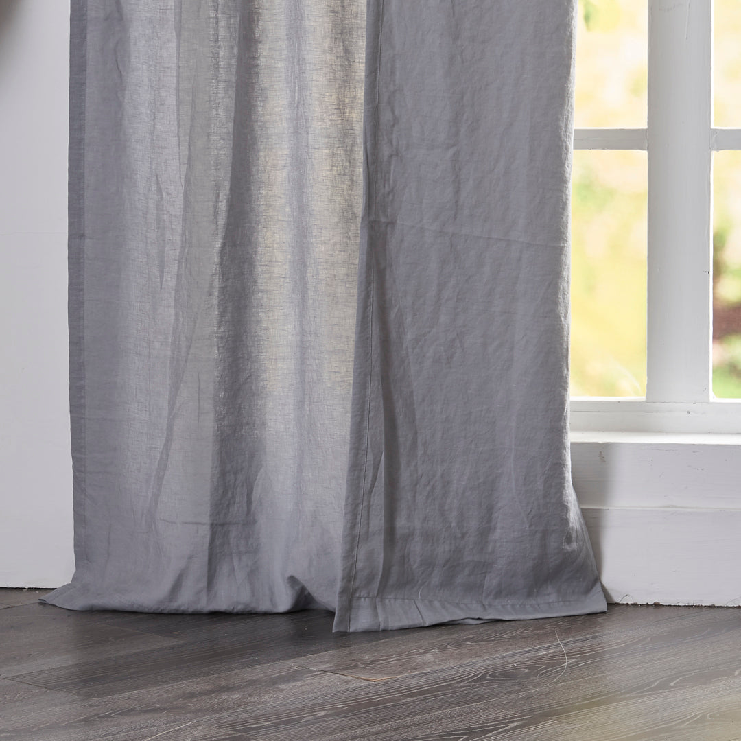 Hem of Alloy Gray Linen Drapery With Tab Top