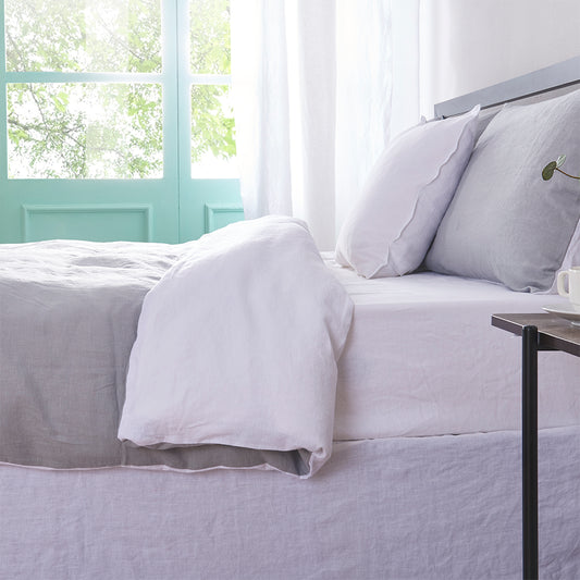 Alloy Gray and White Two Tone Linen Duvet Cover on Bed