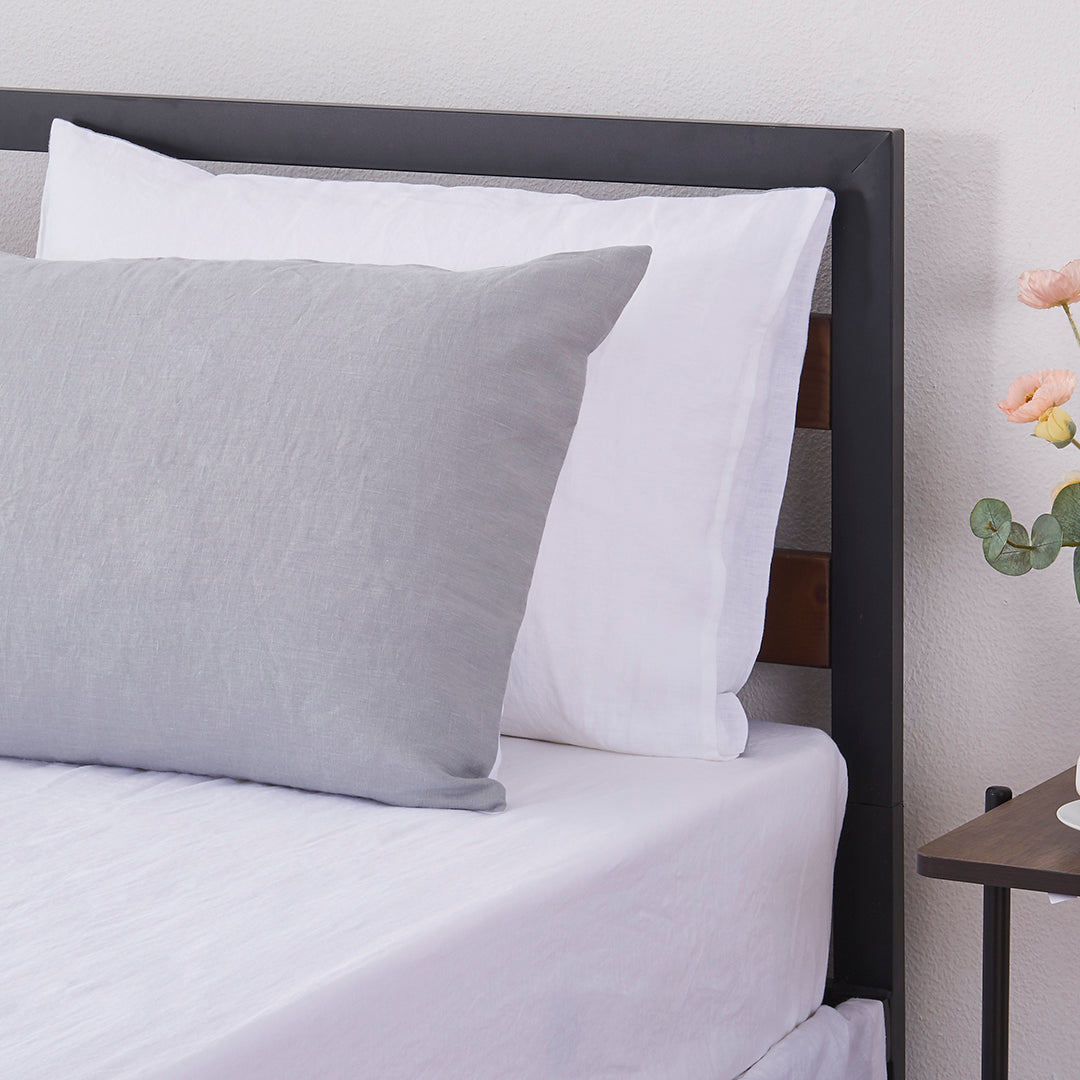 Two Tone Alloy Grey and White Linen Pillowcases on Bed