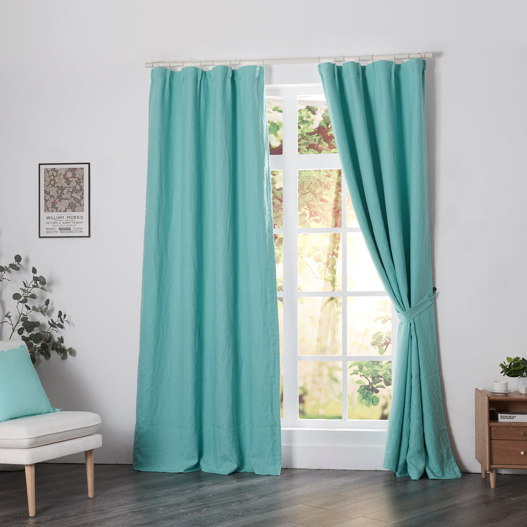 Aqua Green Linen Drapery With Blackout Lining on Window