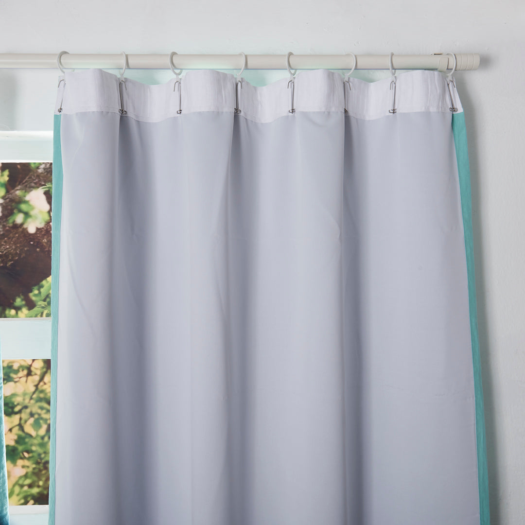 Blackout Lining Detail on Aqua Green Linen Draperies