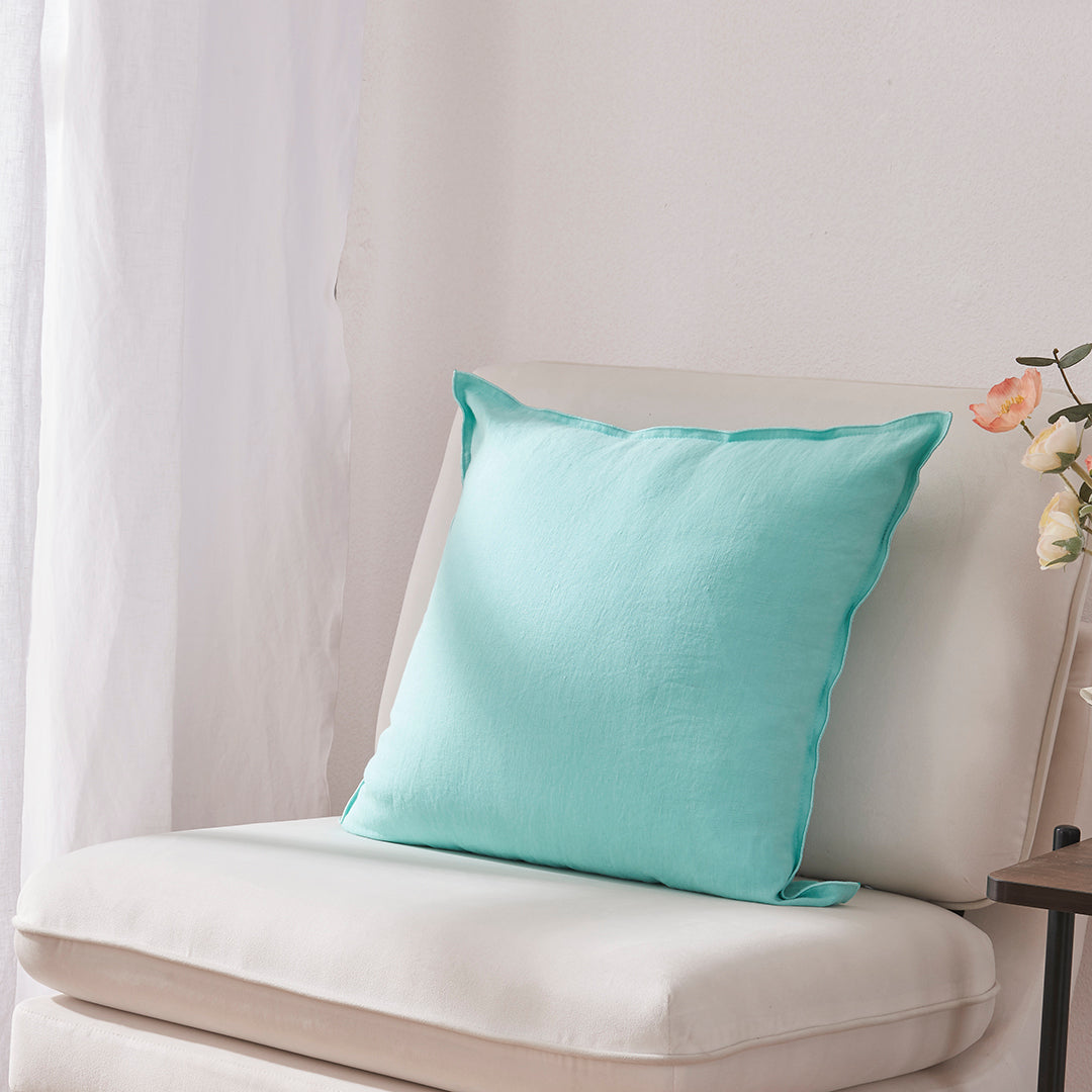Aqua Green Embroidery Edge Square Linen Pillowcase