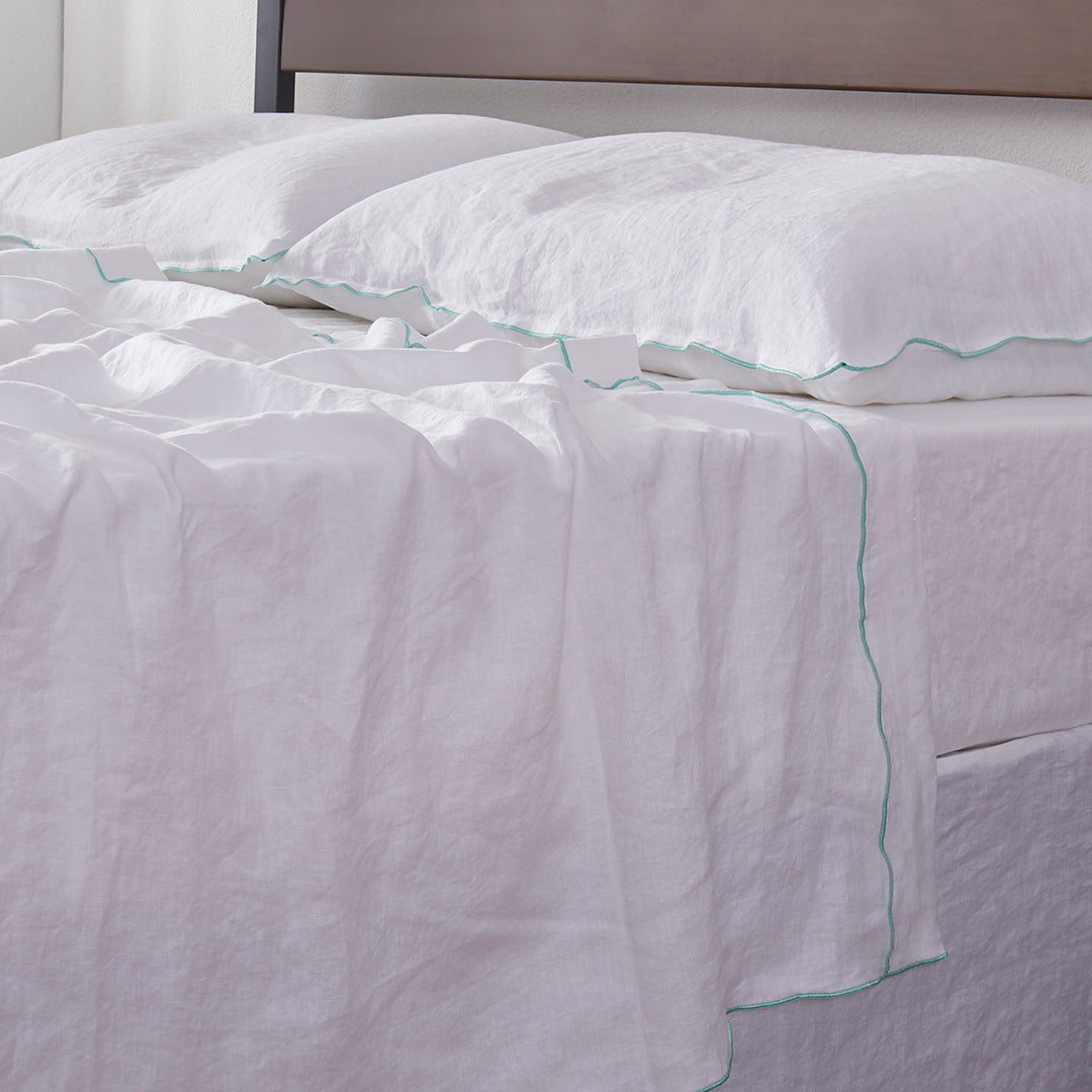 White Linen Flat Sheet with Embroidered Aqua Edge