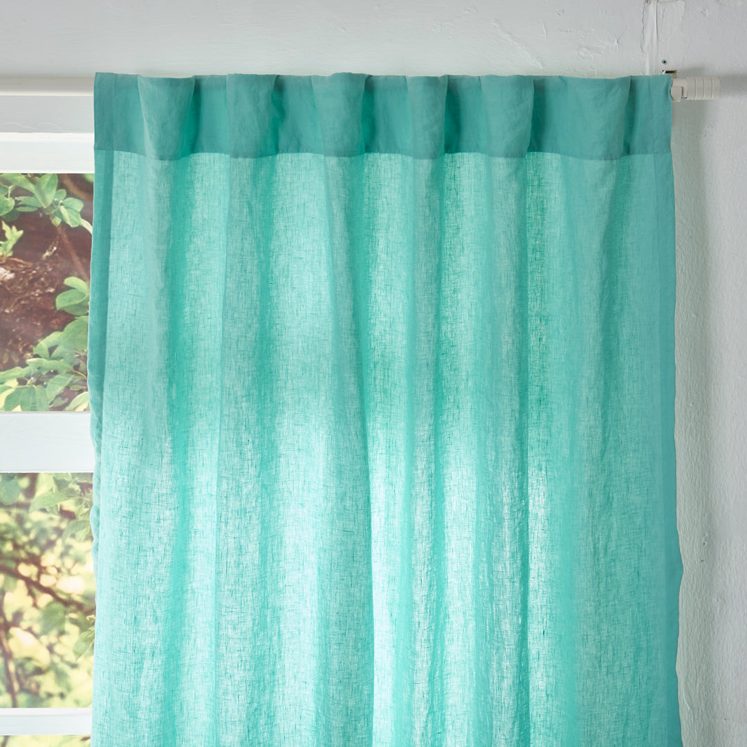 Aqua Green Linen Drapery With Cotton Lining Top Detail