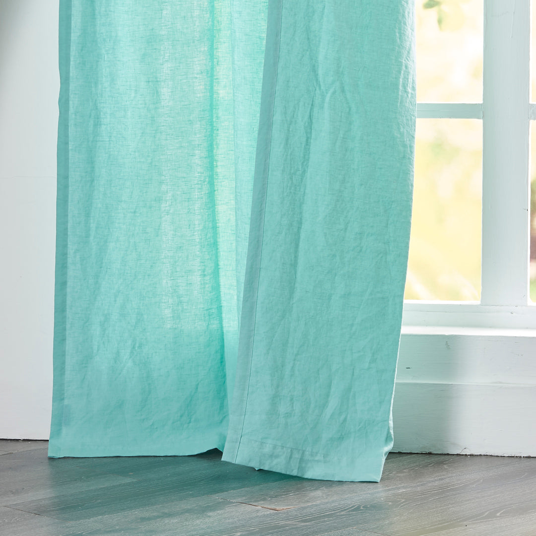Hem of Aqua Green Linen Drapery With Rod Pocket