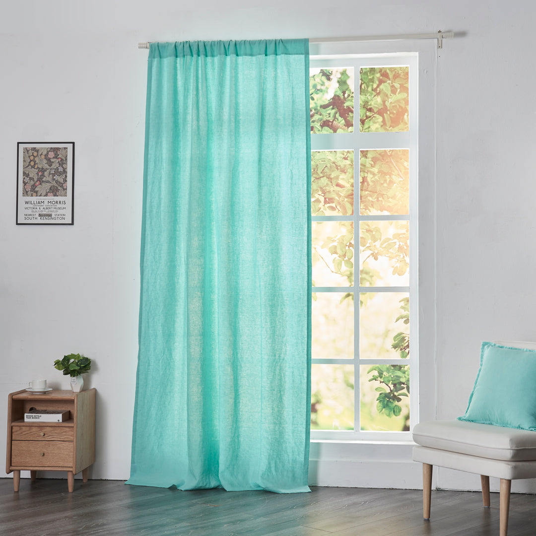 Aqua Green Linen Drapery With Rod Pocket on Window
