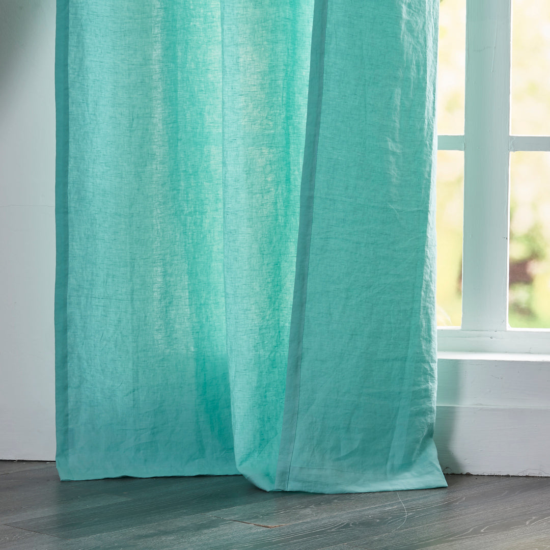 Aqua Green Linen Drapery With Tab Top Hem