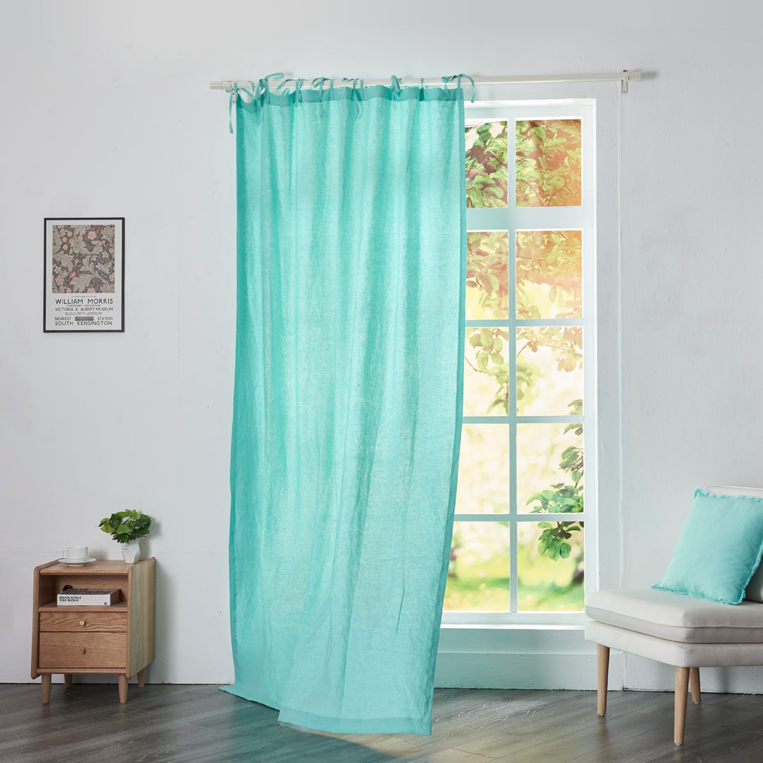 Aqua Green Linen Curtain With Tie Top