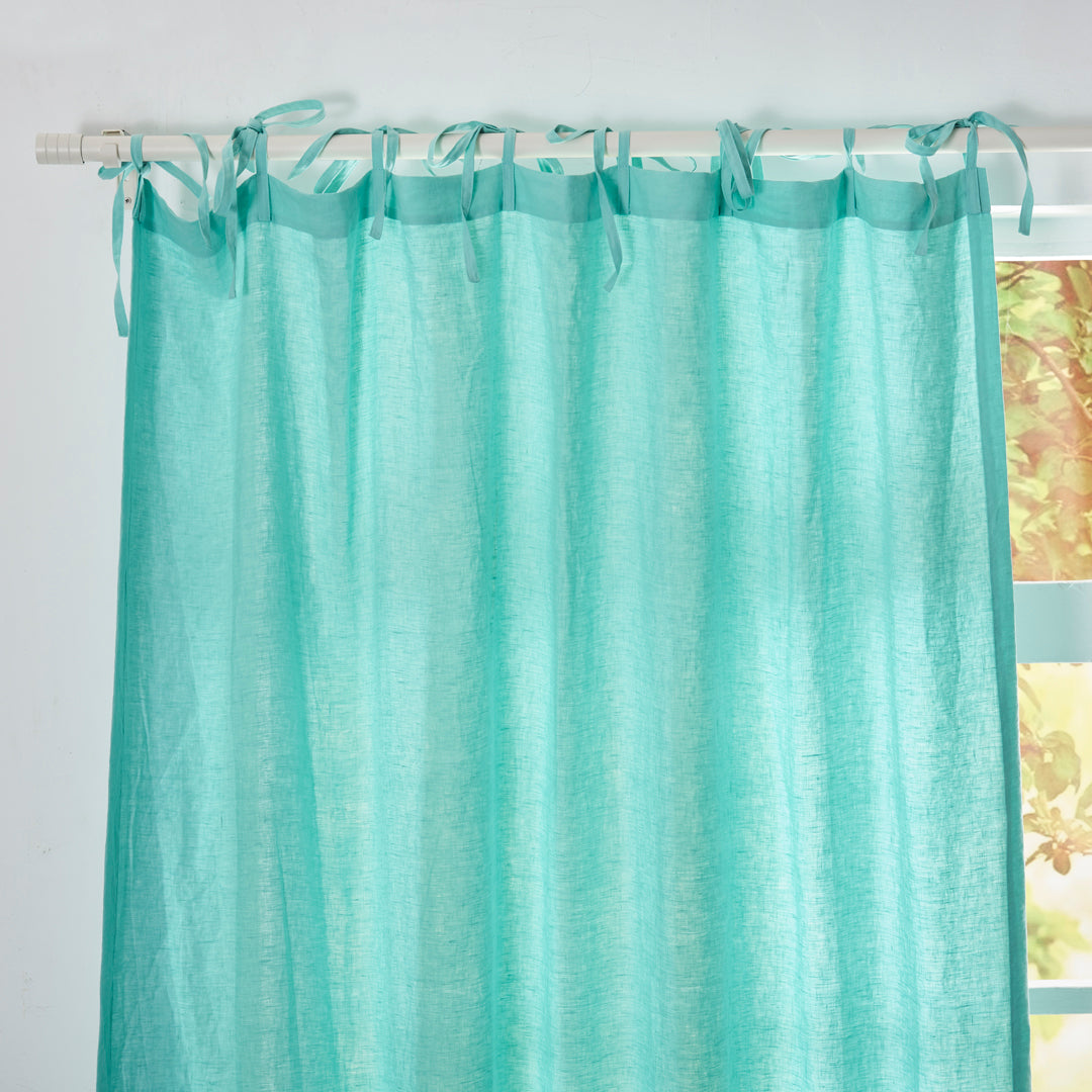 Tie Top Detail on Linen Aqua Green Drapery