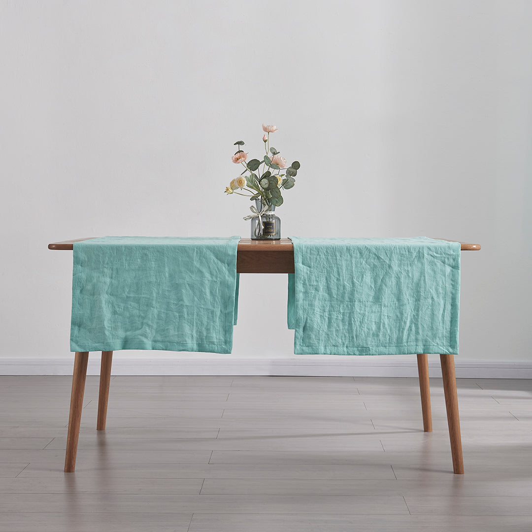Aqua Green Linen Plain Table Runners on Table