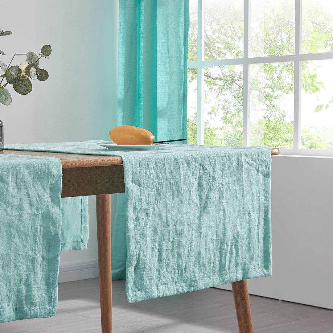 Detail of 100% Linen Plain Table Runner in Aqua Green