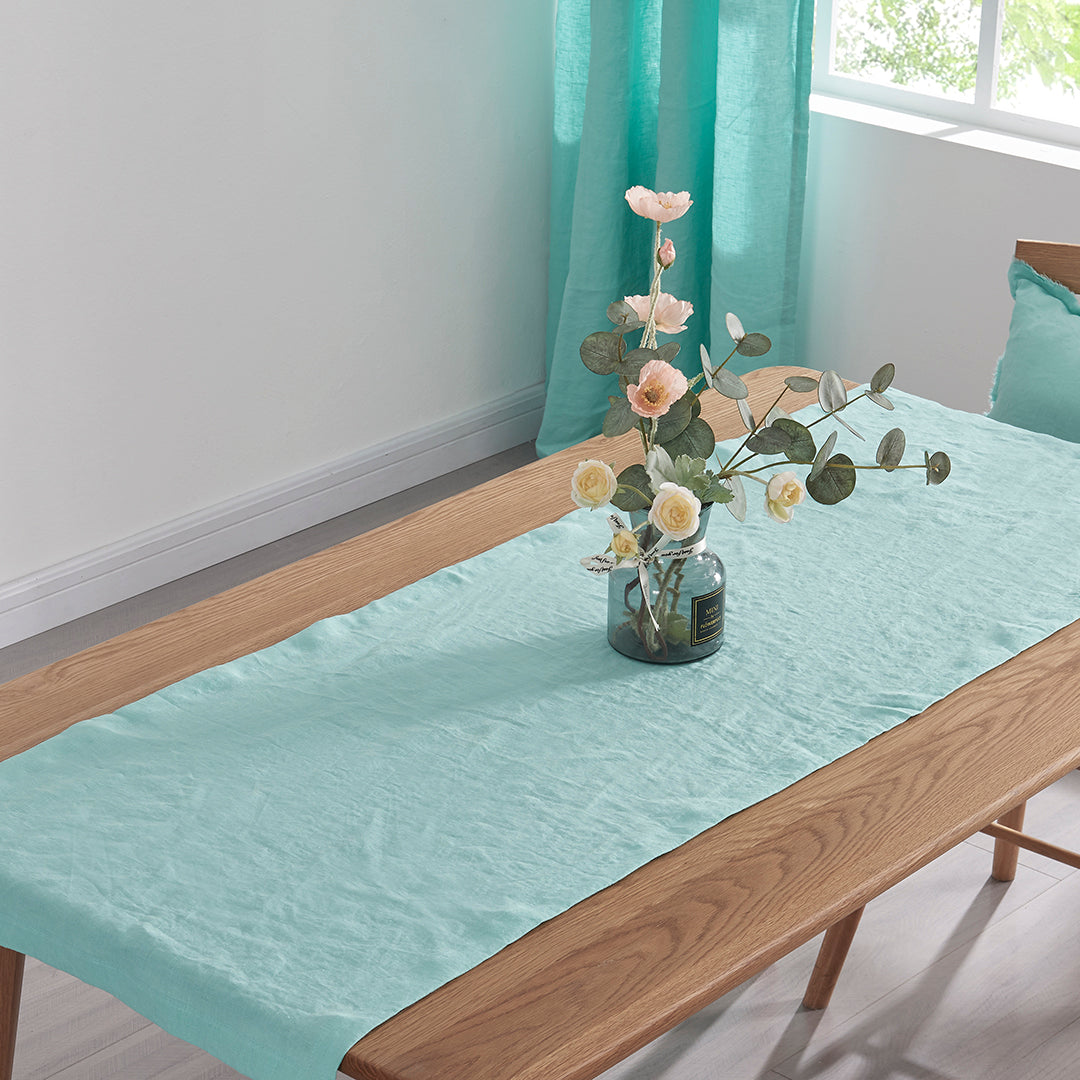 Aqua Green Pure Linen Plain Table Runner in Dining Room