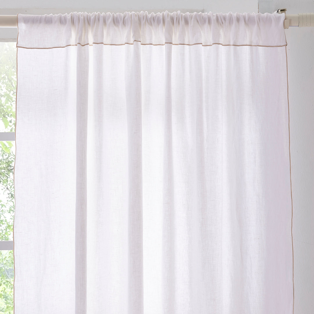 Beige Embroidered Edge Detail on White Linen Curtain