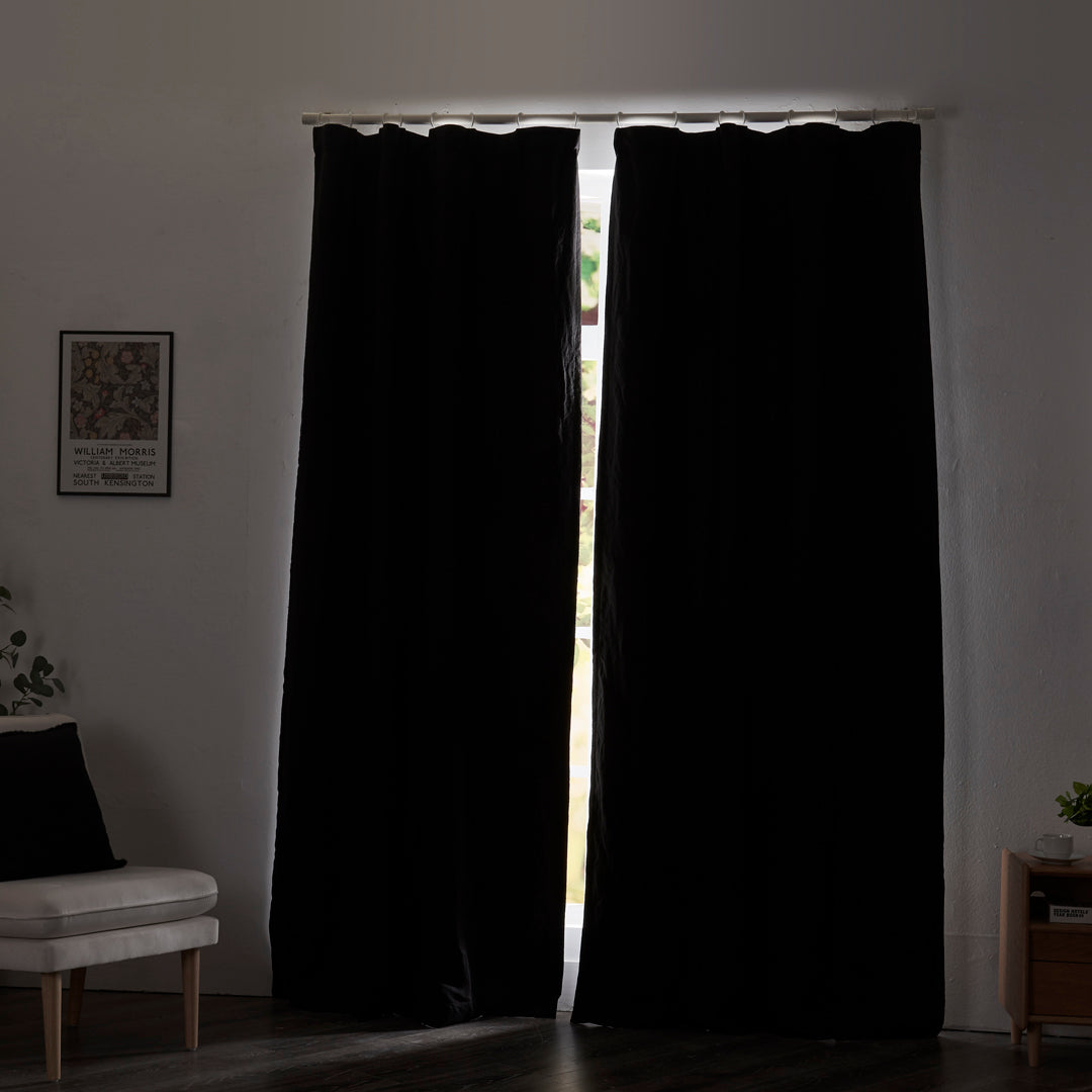 Closed Linen Blackout Curtain Drapery in Black on Window