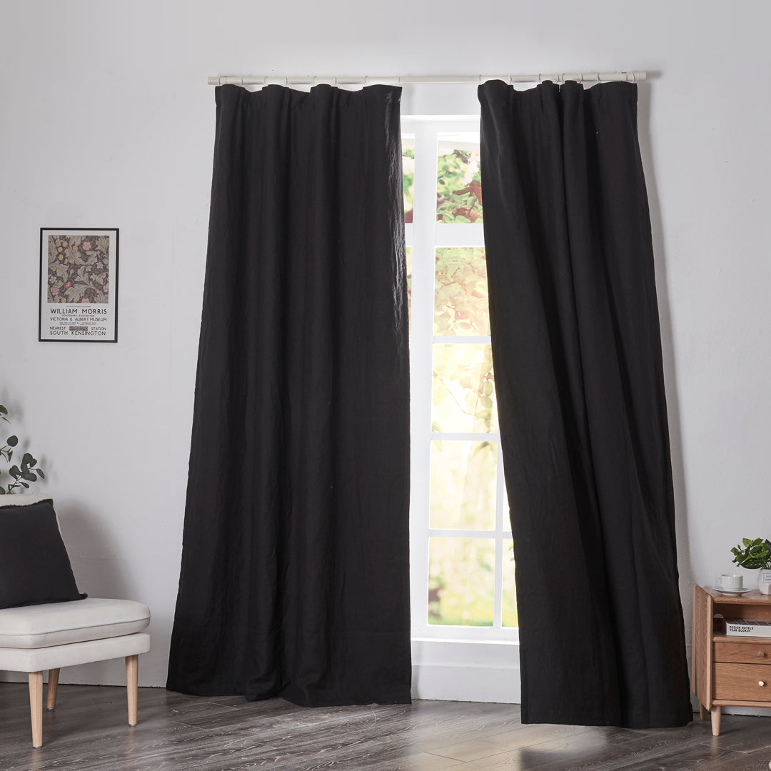 Black Linen Blackout Curtain Pair on Window