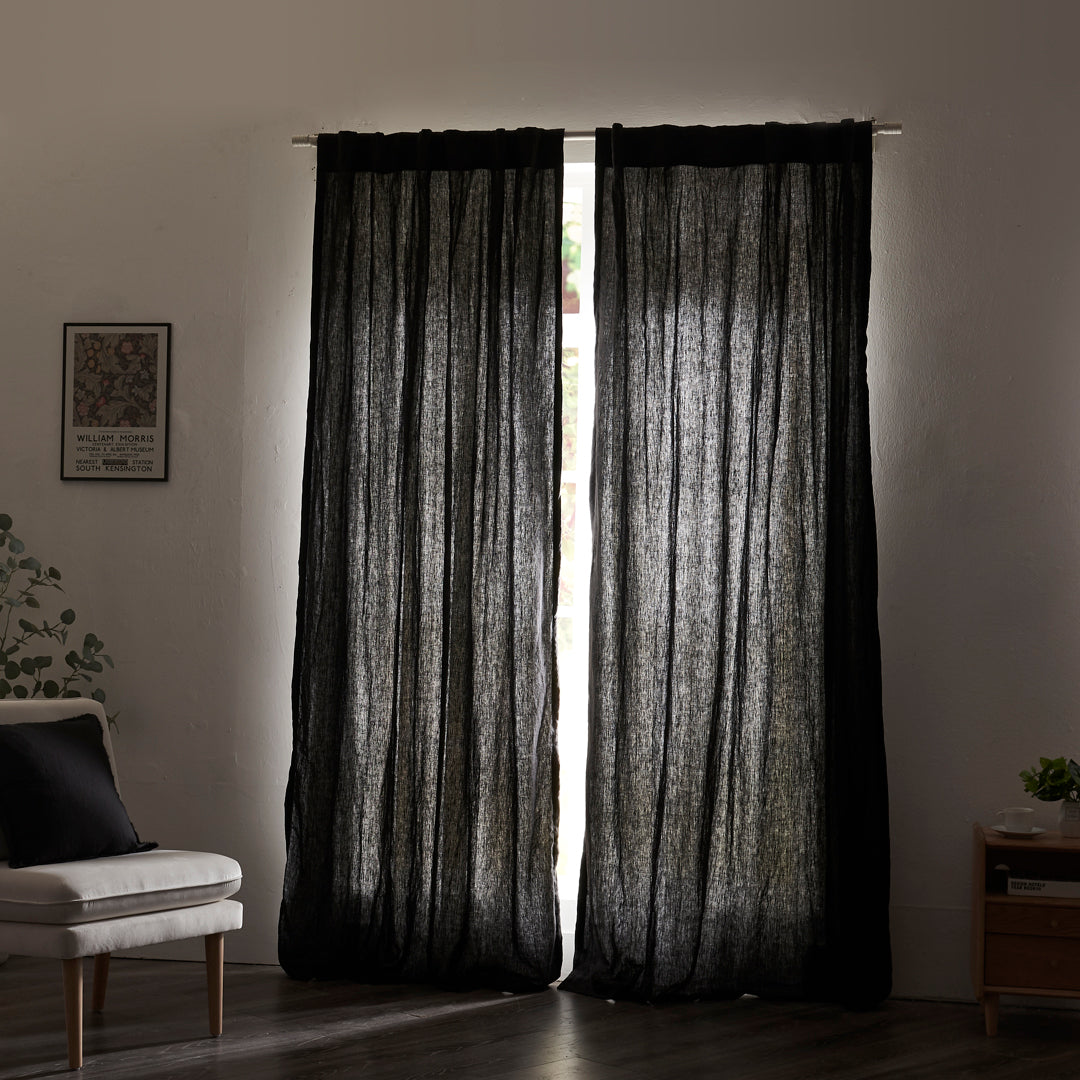 Black Linen Drapery Curtains with Cotton Lining Closed over Window