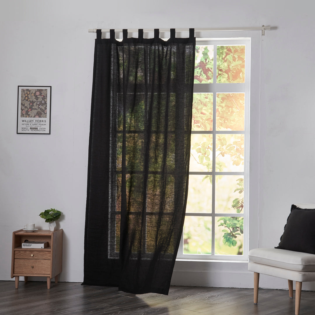 Black Linen Curtain with Tab Top on Window