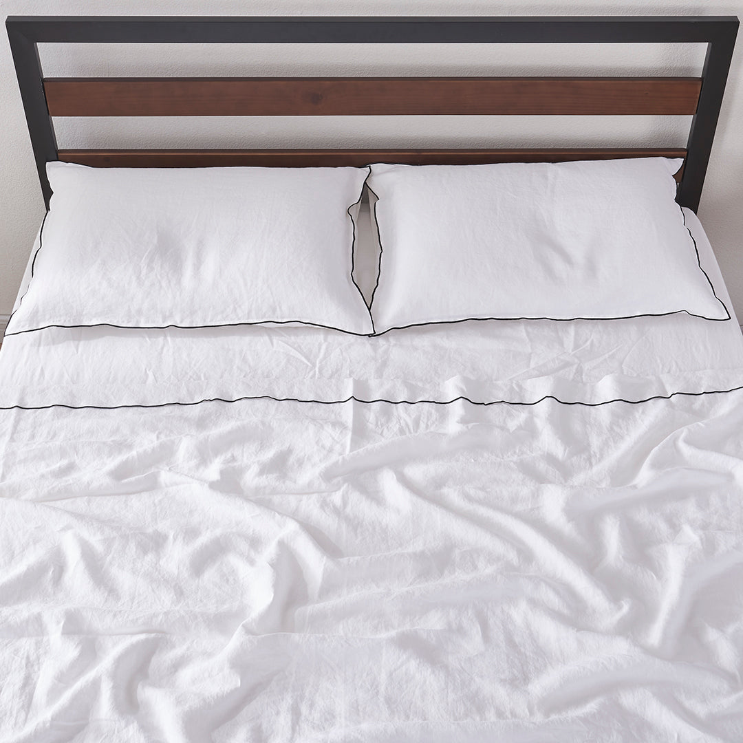 Linen White Flat Cooling Sheet with Black Embroidered Edge