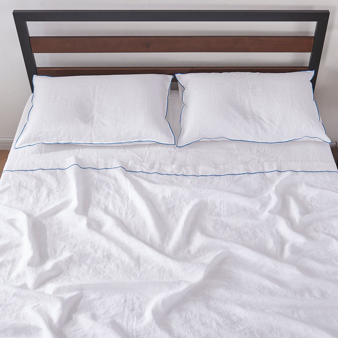100% Linen White Flat Sheet and Pillowcases with Brilliant Blue Embroidered Edge
