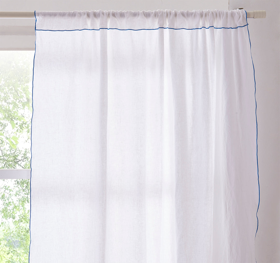 Brilliant Blue Embroidered Edge on White Linen Curtain