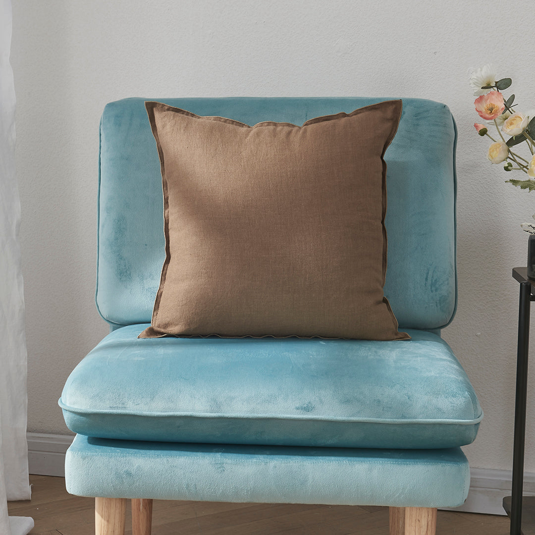 100% Linen Brown Cushion Cover with Embroidery Edge