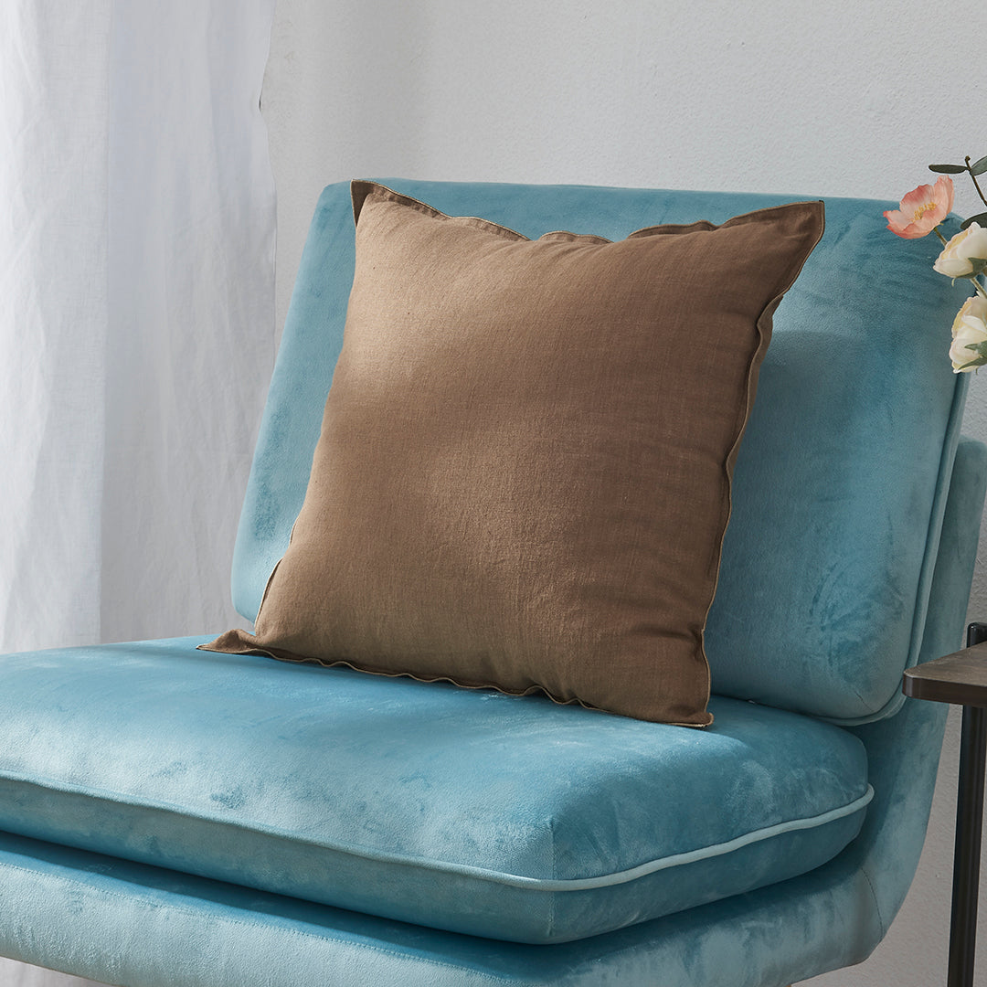 100% Linen Brown Pillow Cover with Embroidery Edge