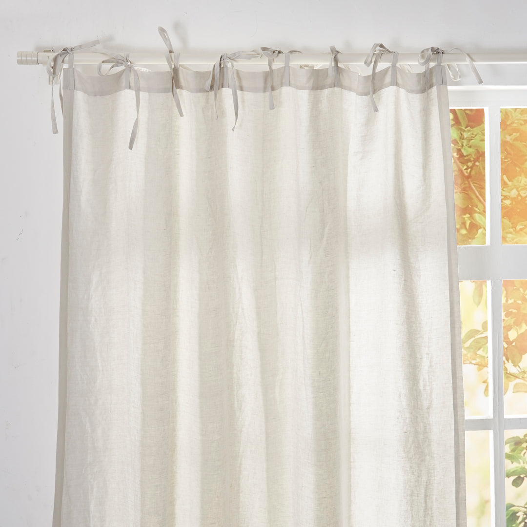 Detail of Cool Gray Linen Curtain with Tie Top