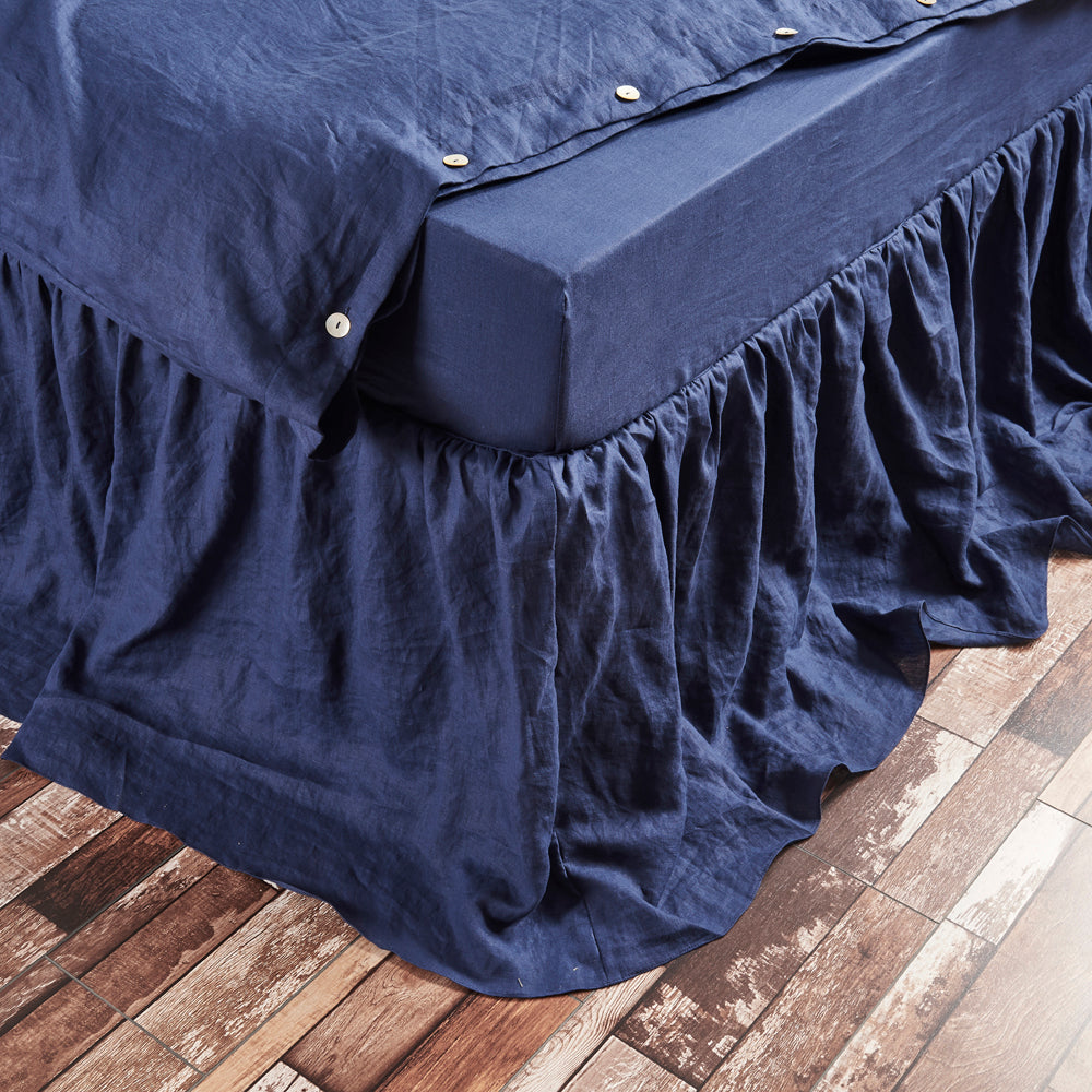 Indigo Blue Gathered Linen Dust Ruffle on Bed