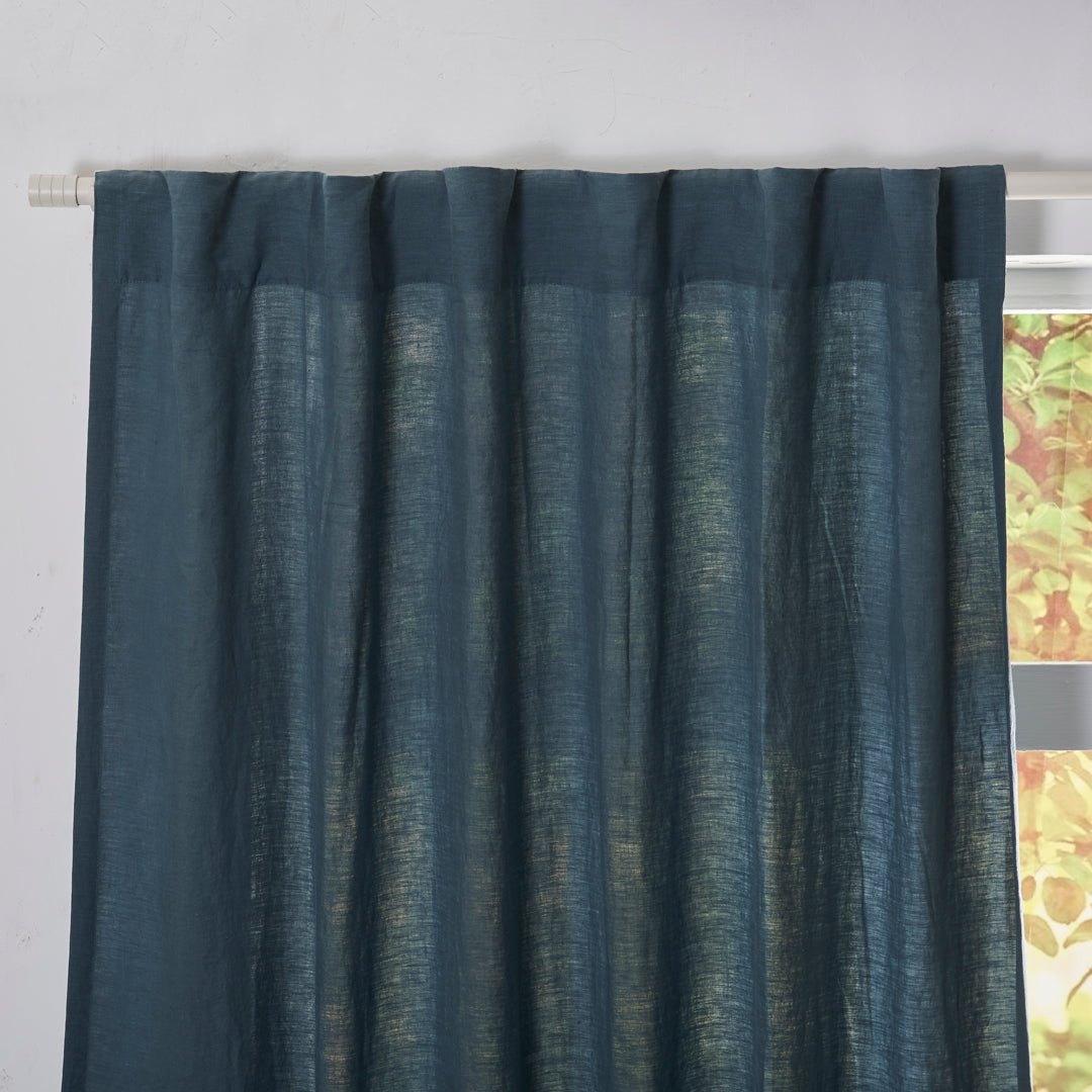 Back Tab Detail on French Blue Linen Curtain