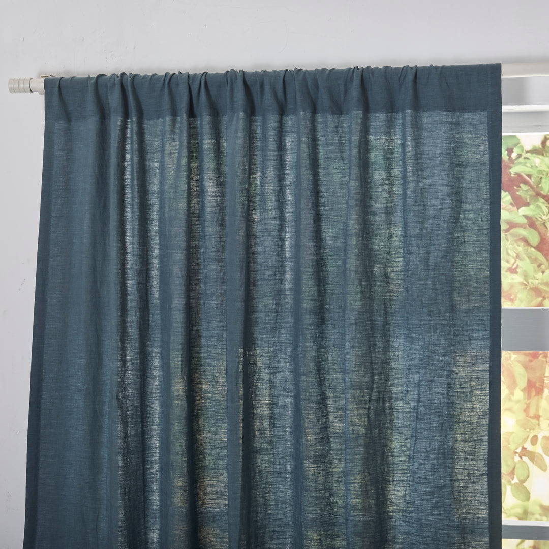 Rod Pocket Top of French Blue Linen Curtain