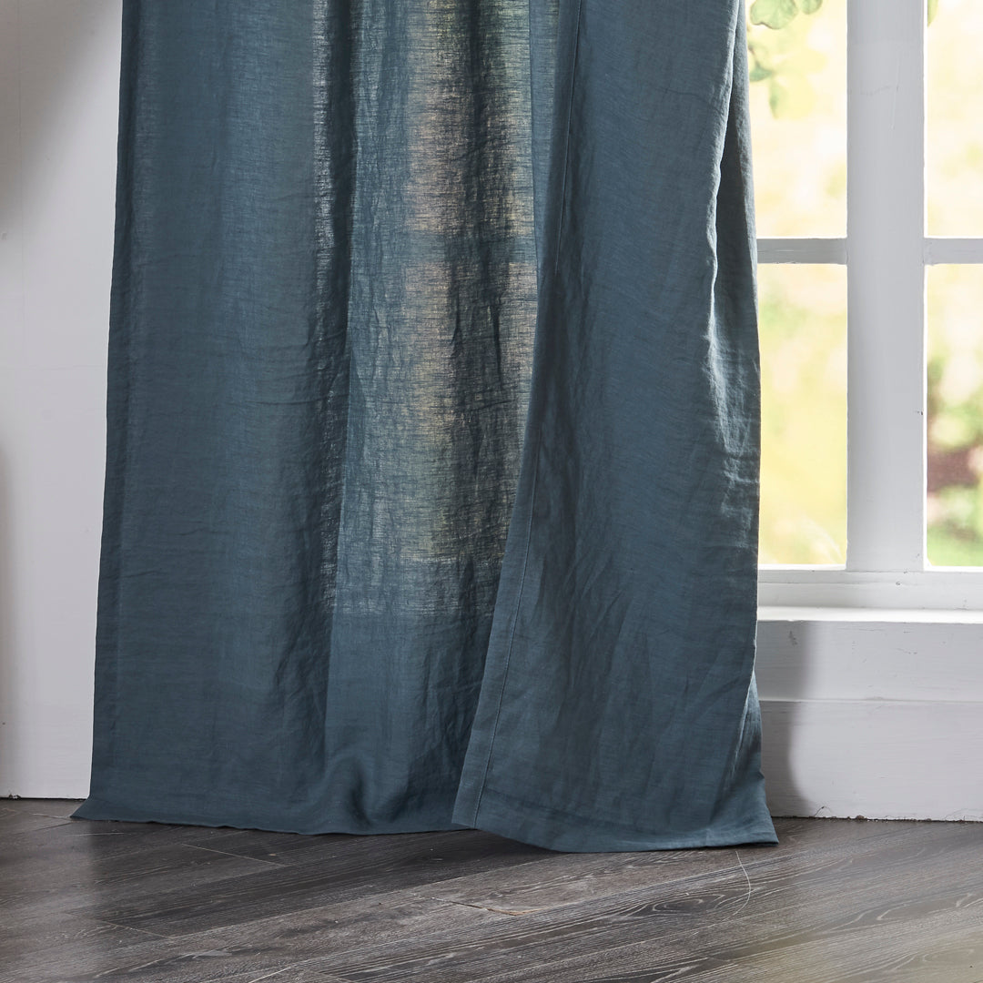 Hem of French Blue Linen Curtain With Rod Pocket